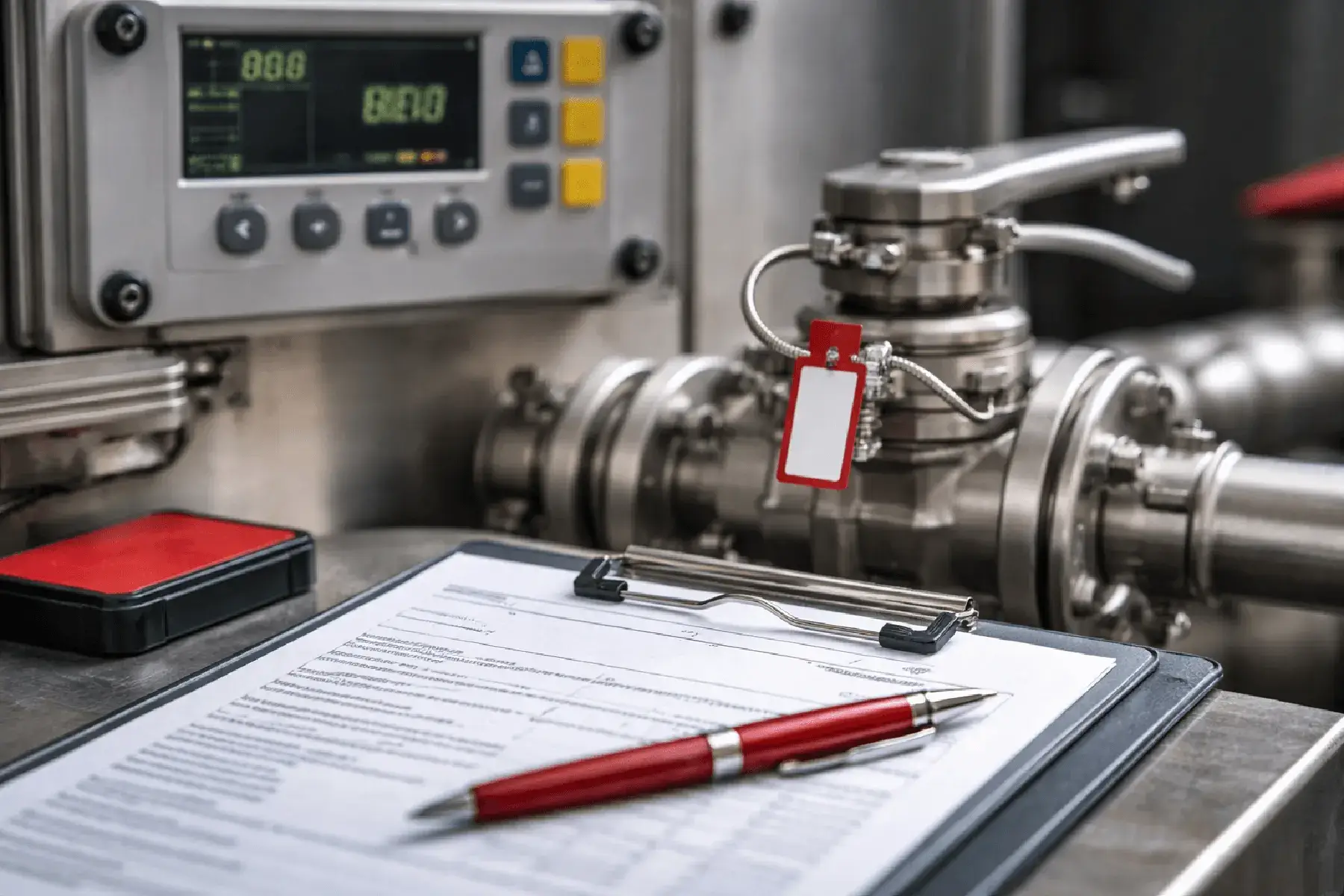 Custody verification context with a sealed valve and documentation.